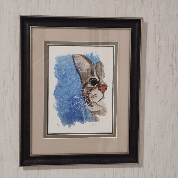 Charming Cat Art Print with Blue and Brown Accents, does not include frame. - Picture 2 of 2